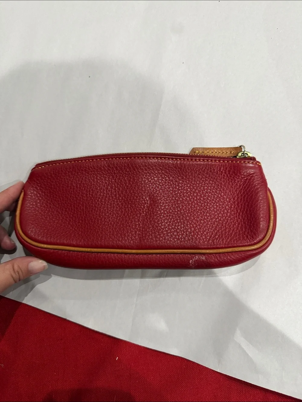 Dooney & Bourke Red Pebbled Leather Cosmetic Pouch with Tan Trim